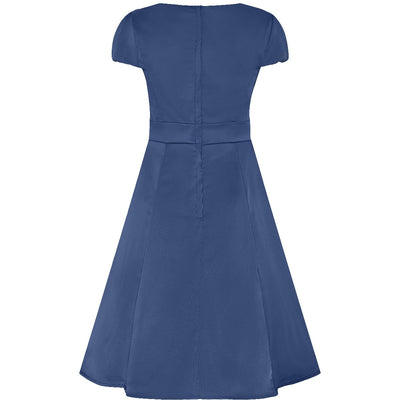 Claudia Flirty Fifties Style Premium Satin Dress In Plain Navy