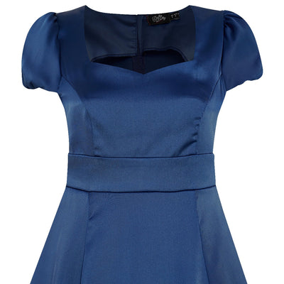 Claudia Flirty Fifties Style Premium Satin Dress In Plain Navy