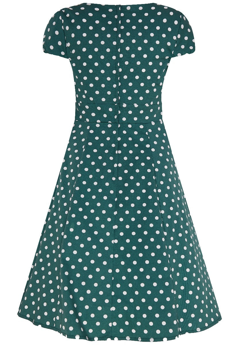 Claudia Fifties Style Dress - Smoke Pine Green & White Polka Dots