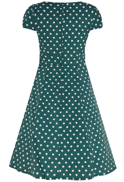 Claudia Fifties Style Dress - Smoke Pine Green & White Polka Dots