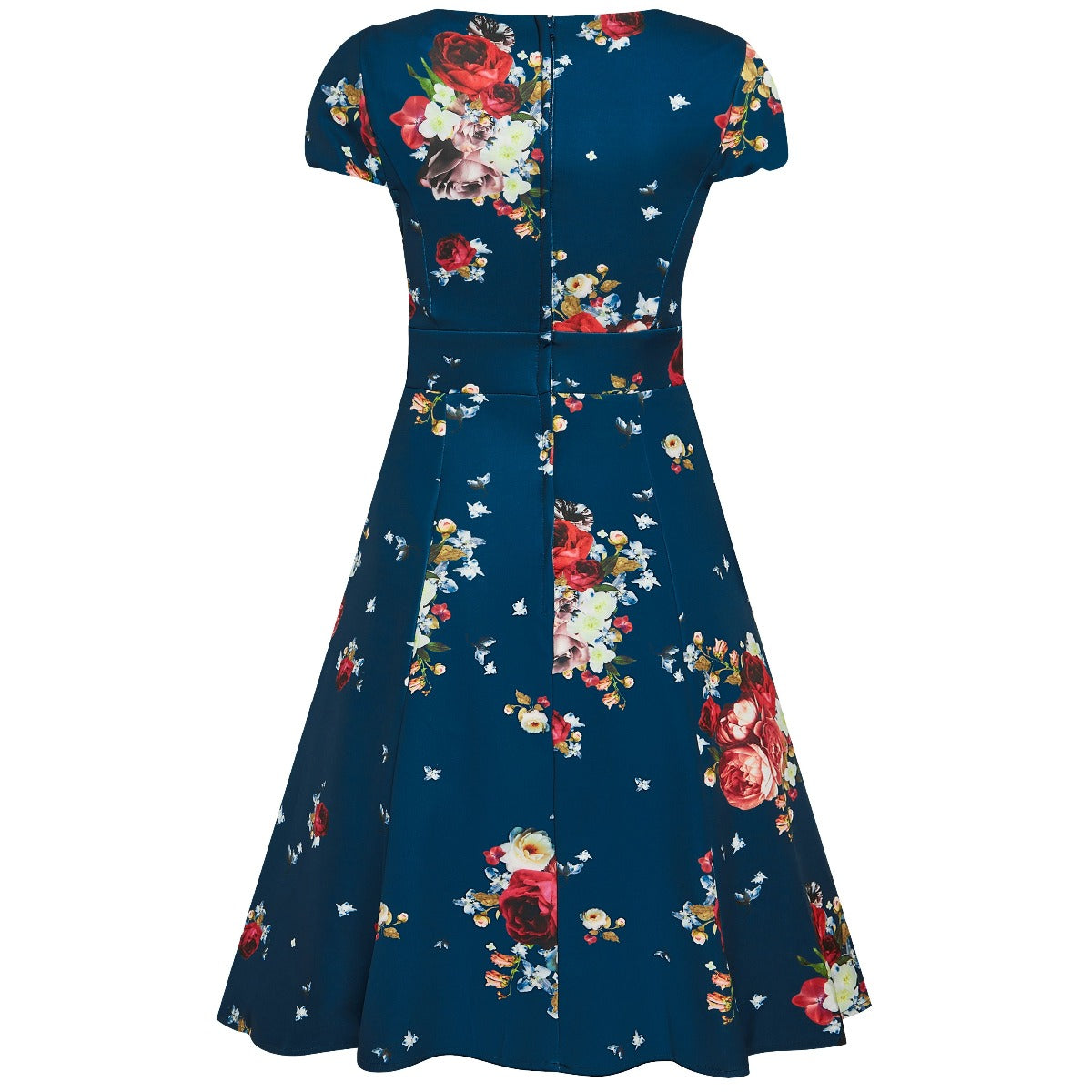 Claudia Vintage Inspired Flared Dress Teal Blue With Red Roses