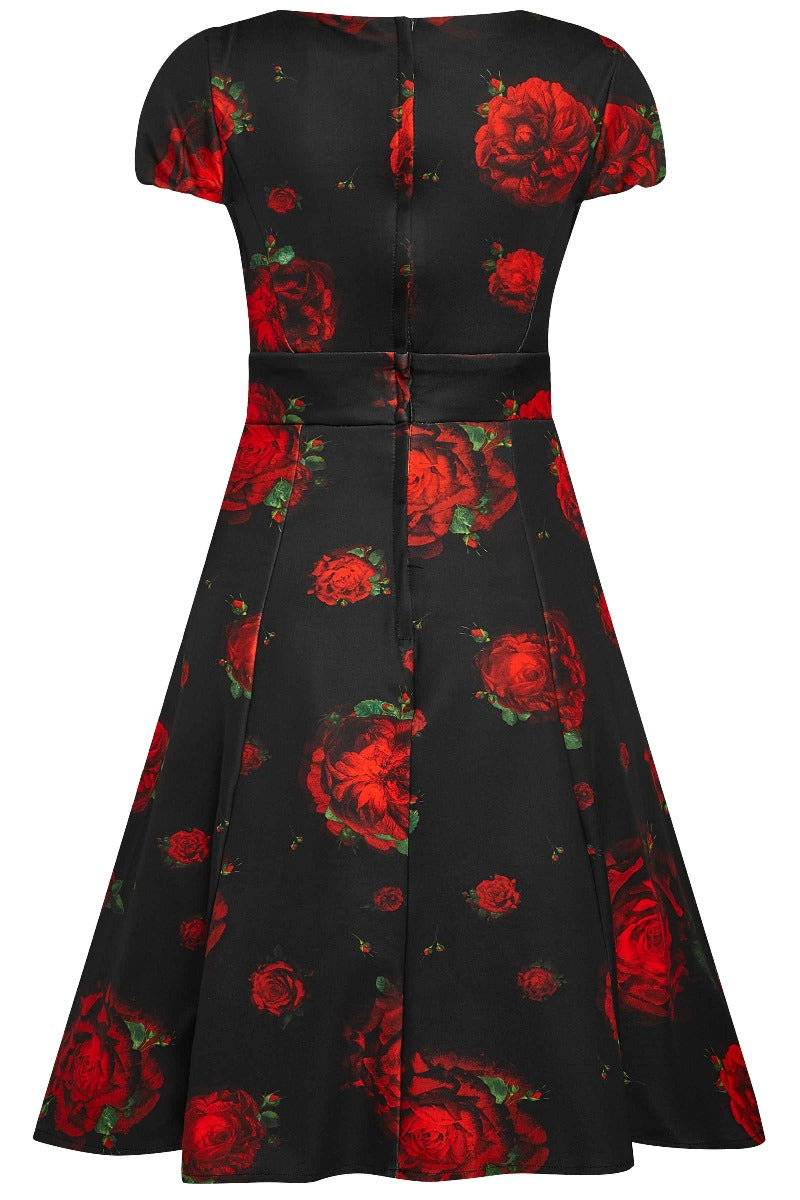 Claudia Fifties Style Vintage Inspired Dress in Black With Red Roses
