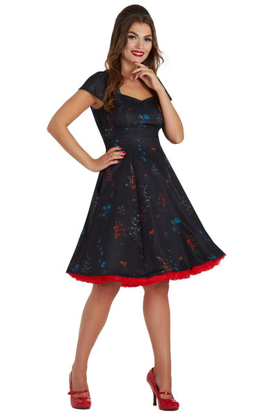 Claudia Fifties Inspired Flared Dress Black, Red & Blue Flowers