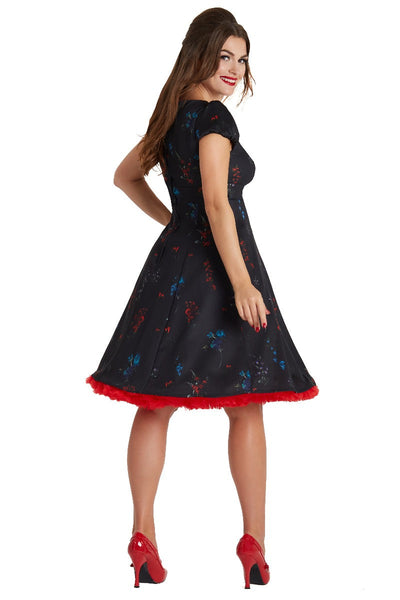 Claudia Fifties Inspired Flared Dress Black, Red & Blue Flowers