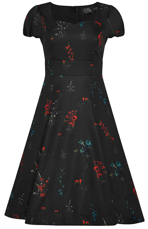 Claudia Fifties Inspired Flared Dress Black, Red & Blue Flowers