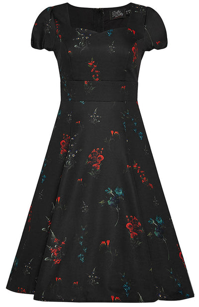 Claudia Fifties Inspired Flared Dress Black, Red & Blue Flowers
