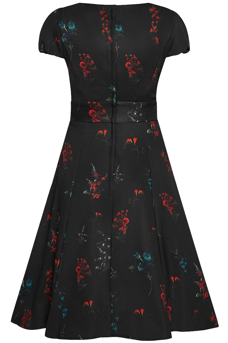 Claudia Fifties Inspired Flared Dress Black, Red & Blue Flowers
