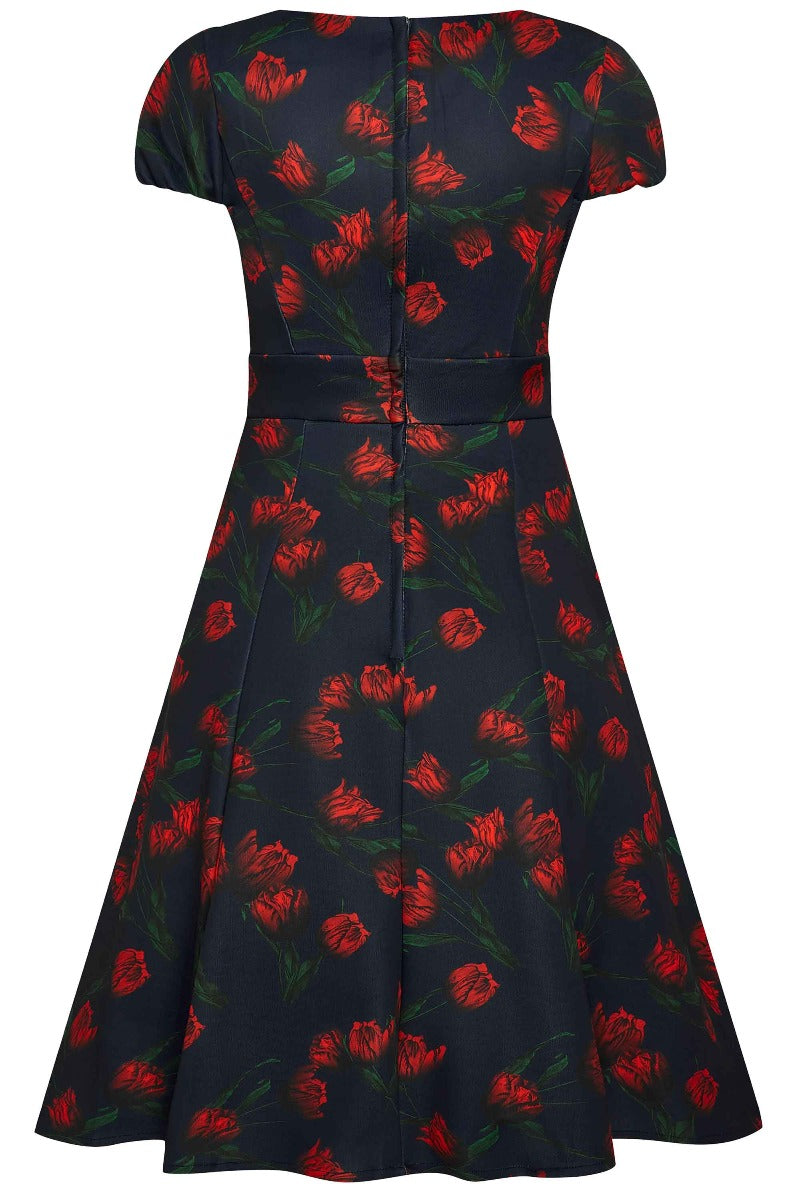 Claudia Fifties Style Vintage Inspired Dress Navy with Red Flowers