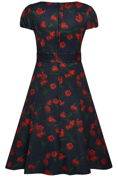 Claudia Fifties Style Vintage Inspired Dress Navy with Red Flowers