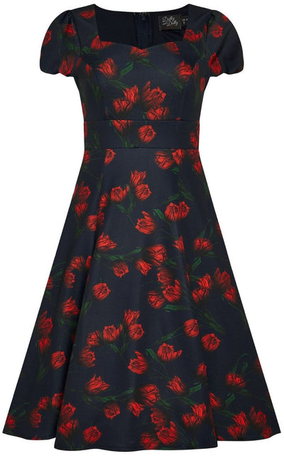 Claudia Fifties Style Vintage Inspired Dress Navy with Red Flowers