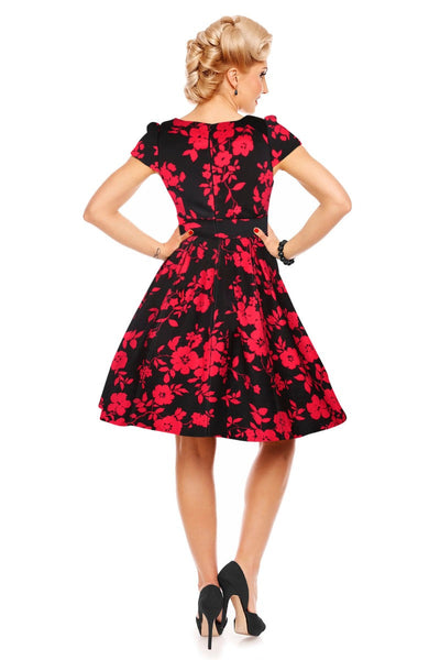 Claudia Flirty Fifties Swing Floral Dress in Black-Red