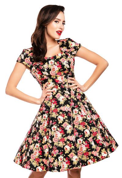 Claudia Flirty Fifties Style Floral Dress in Black