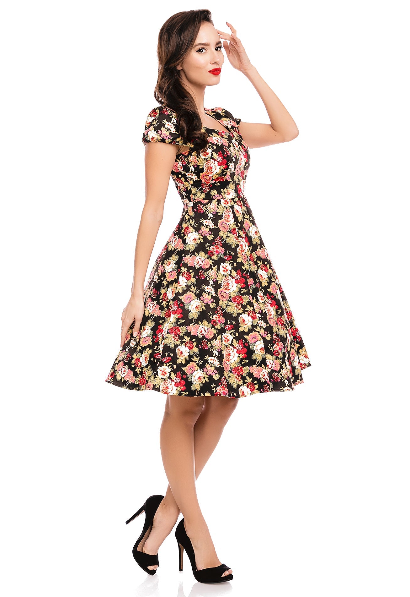 Claudia Flirty Fifties Style Floral Dress in Black