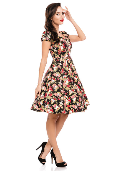 Claudia Flirty Fifties Style Floral Dress in Black