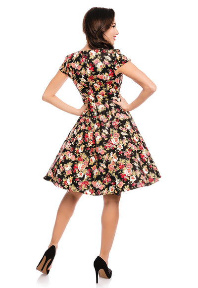 Claudia Flirty Fifties Style Floral Dress in Black
