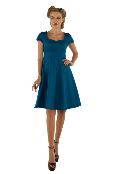 Claudia Flirty Fifties Style Dress in Peacock Blue