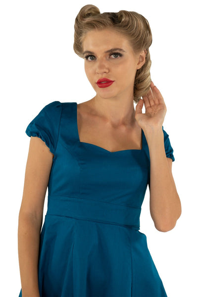 Claudia Flirty Fifties Style Dress in Peacock Blue