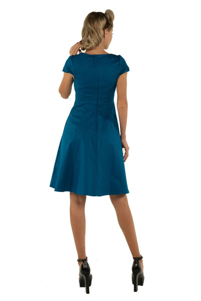 Claudia Flirty Fifties Style Dress in Peacock Blue