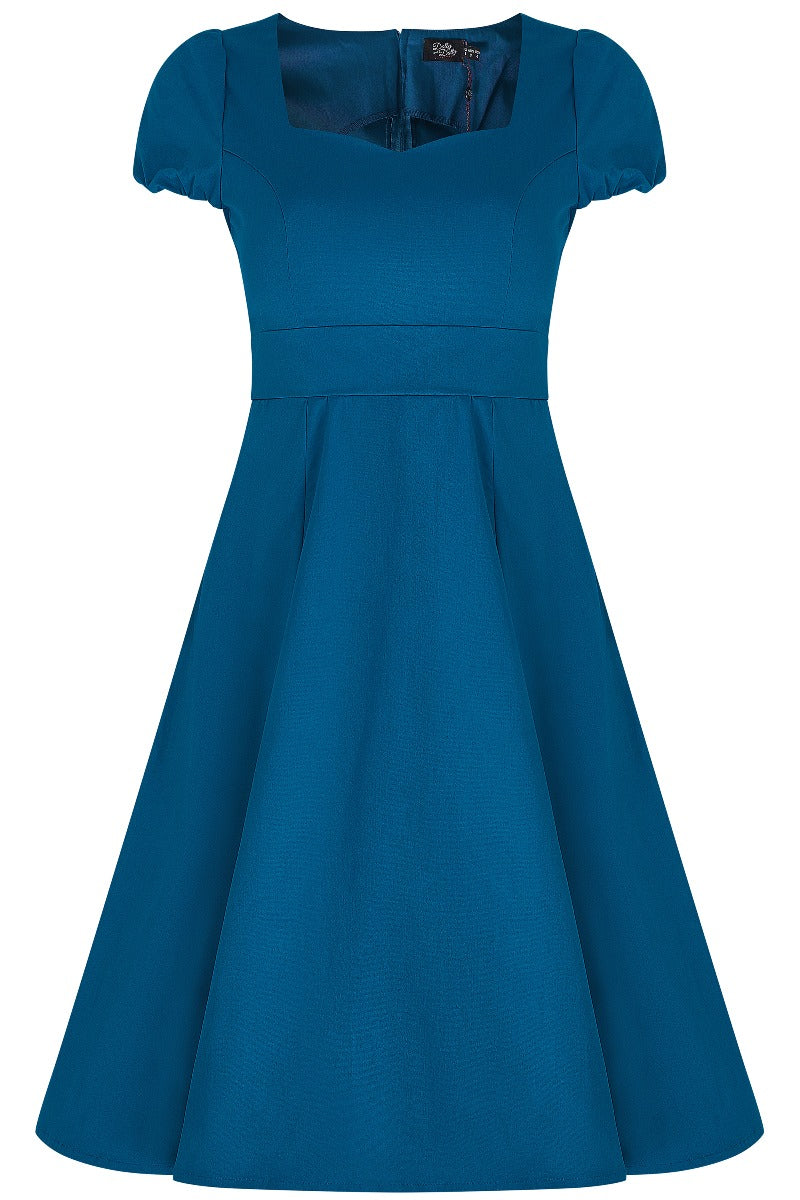 Claudia Flirty Fifties Style Dress in Peacock Blue