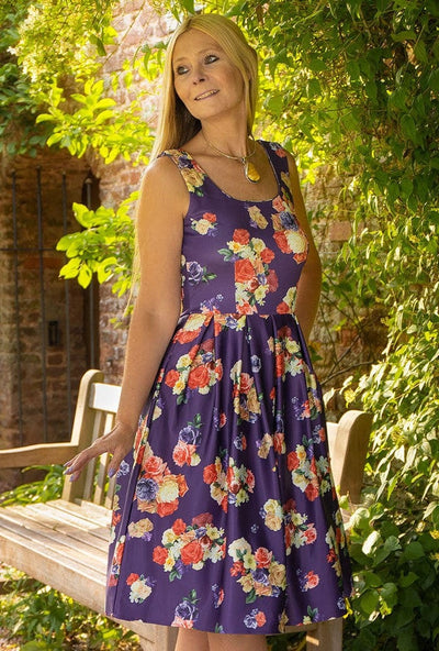 1950s inspired Amanda Purple Floral Swing Dress