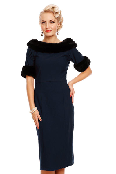 Venus Van Chic - Valerie Faux Fur Fitted Dress in Navy Blue