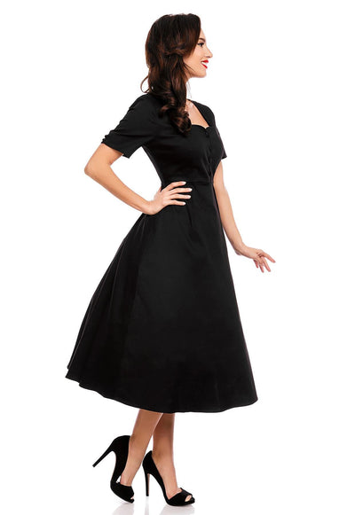 Florence Classic Swing Dress With Sleeves In Plain Black