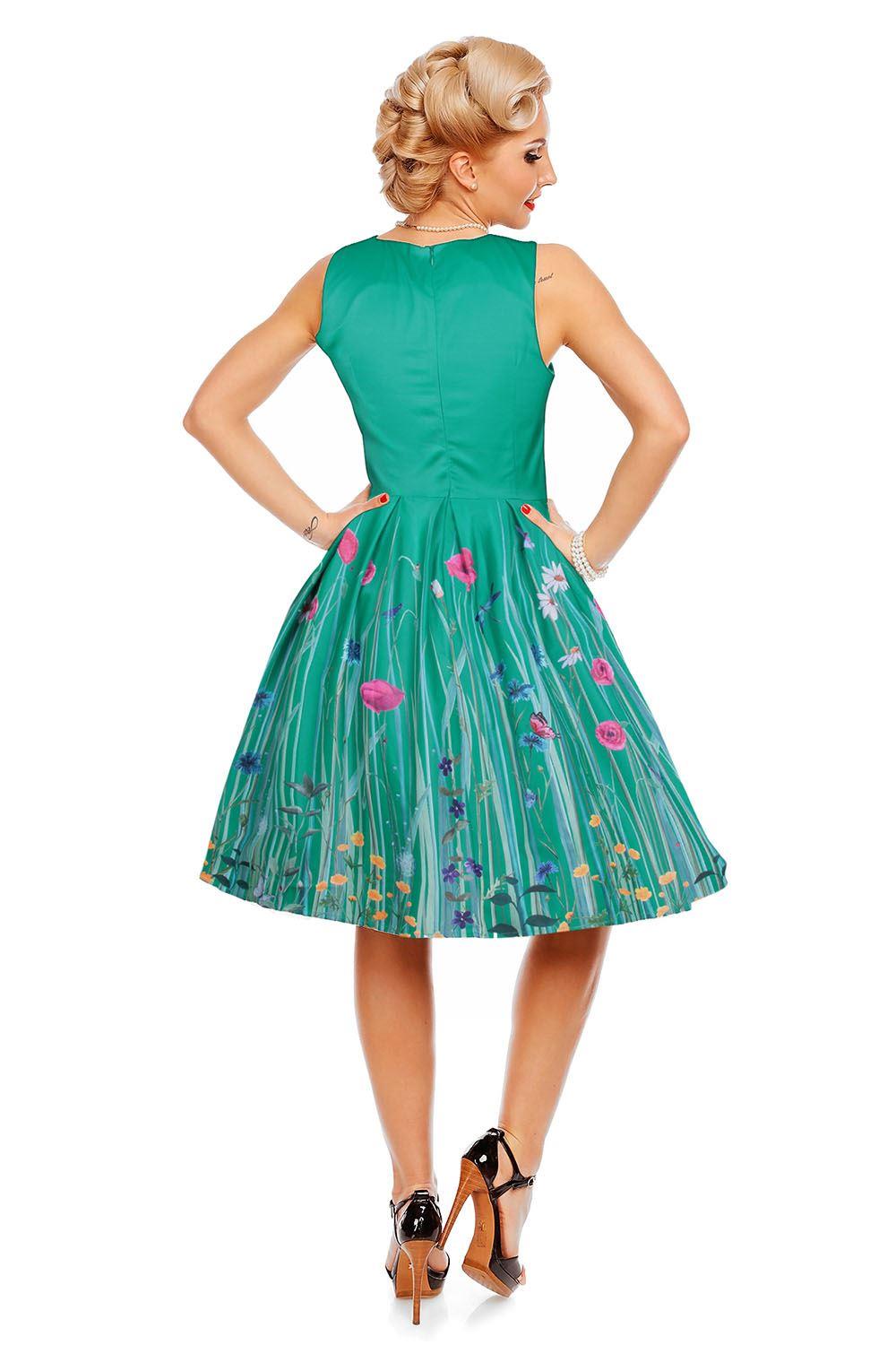 Annie Retro Meadow Floral Print Swing Dress in Green