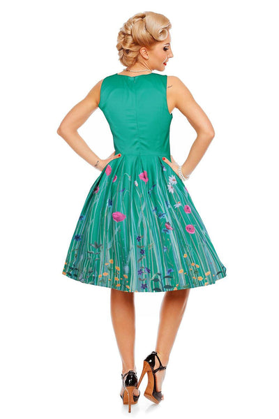 Annie Retro Meadow Floral Print Swing Dress in Green
