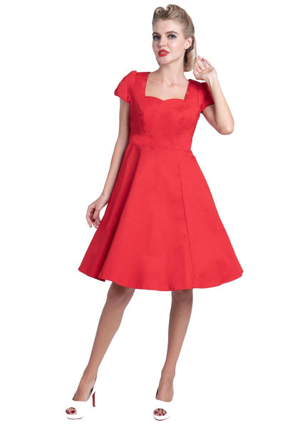 Claudia Flirty Fifties Style Dress in Plain Red