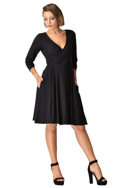 Kate Swing Wrap Dress With Three Quarter Sleeves in Black