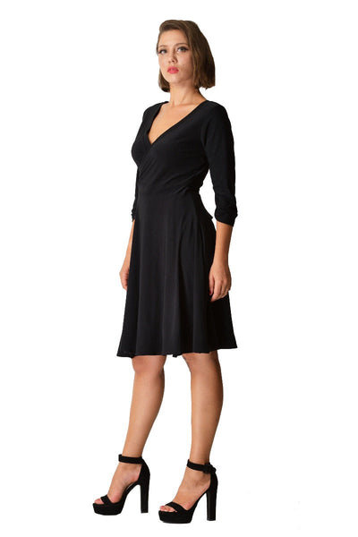 Kate Swing Wrap Dress With Three Quarter Sleeves in Black