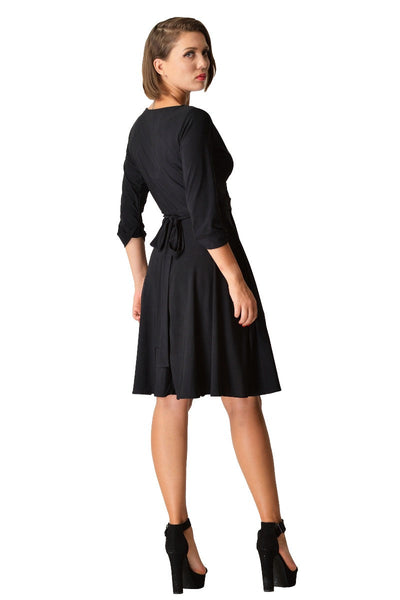 Kate Swing Wrap Dress With Three Quarter Sleeves in Black