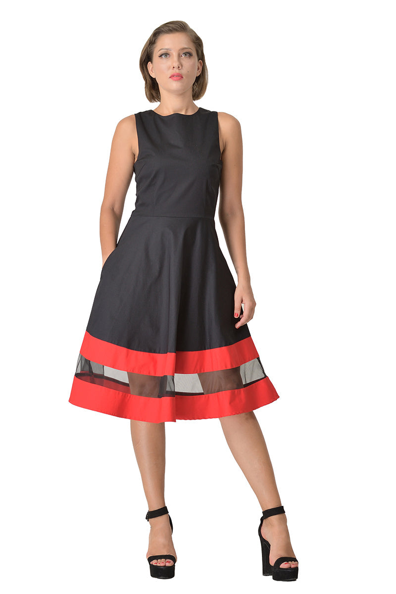 Maggie Black Flared Dress with Mesh and Red Stripes