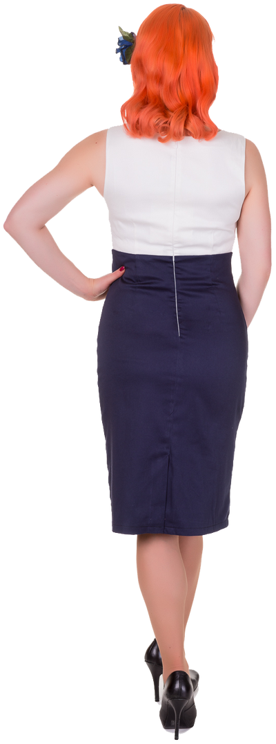 Cheryl Fitted Glam Vintage Dress in Cream-Navy Blue