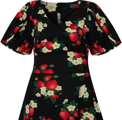 Janice Summer Dress with Strawberry print in Black