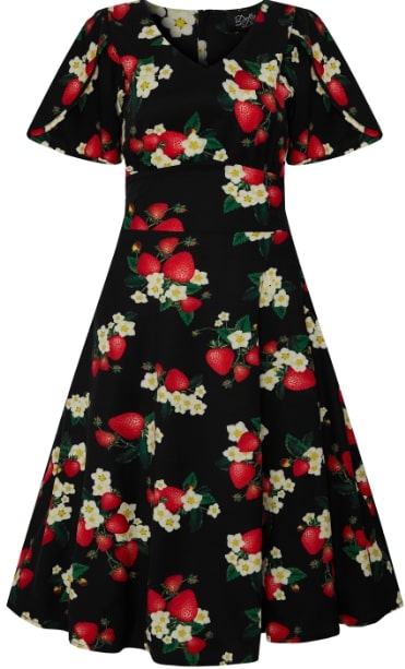 Janice Summer Dress with Strawberry print in Black