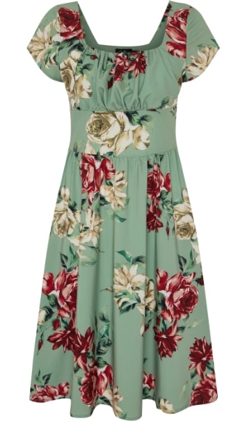 Viktoria 50s inspired A-line dress in Green with Red and White Rose Print