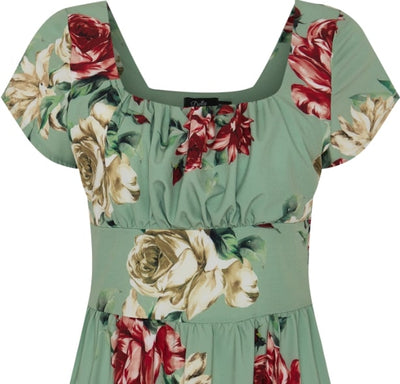 Viktoria 50s inspired A-line dress in Green with Red and White Rose Print