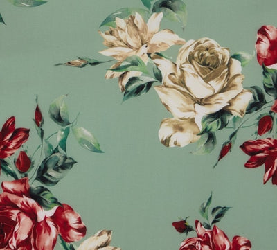 Viktoria 50s inspired A-line dress in Green with Red and White Rose Print