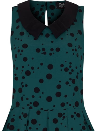 Annette 1950s Inspired Collar Dress - Dark Green Scattered, Black  Polka Dots