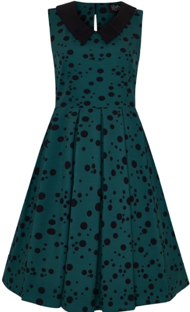 Annette 1950s Inspired Collar Dress - Dark Green Scattered, Black  Polka Dots
