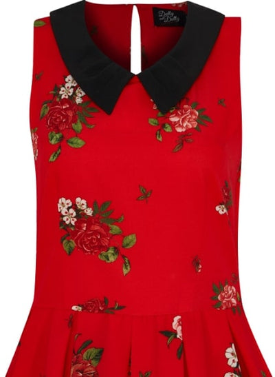 Annette 1950s Inspired Flared Womens Dress - Red with Raising Roses & Flowers