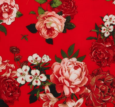 Annette 1950s Inspired Flared Womens Dress - Red with Raising Roses & Flowers