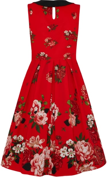 Annette 1950s Inspired Flared Womens Dress - Red with Raising Roses & Flowers