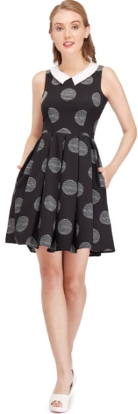 Annette 1960s Style Flared Dress - Black & Striped Polka Dots