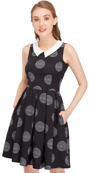 Annette 1960s Style Flared Dress - Black & Striped Polka Dots