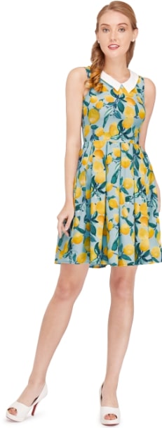 Annette 60s Mod Style Collar Dress Blue Yellow Lemon Print