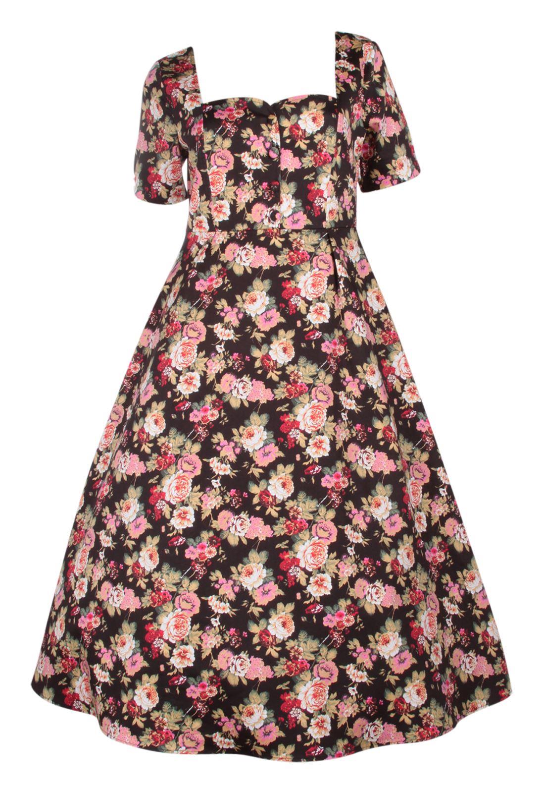 Florence Classic Vintage Style Swing Dress With Sleeves In Black Floral
