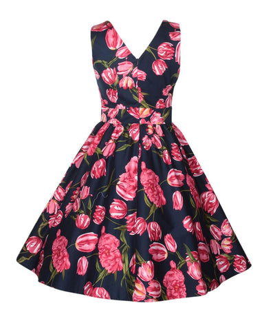 May V-neck Tulip Floral Swing Dress in Navy/Pink