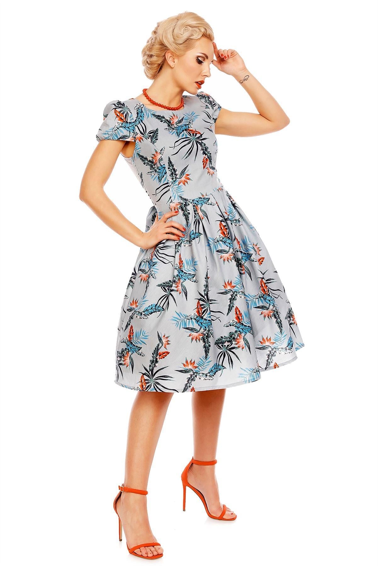 Vanessa Classic Feather Floral Swing Dress in Blue